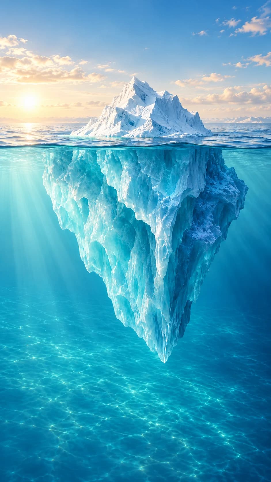 Iceberg inteiro: ponta visível acima da água e grande parte submersa abaixo