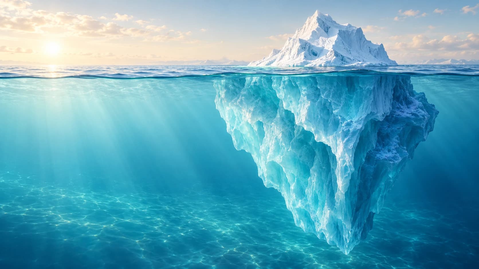A ponta do iceberg acima da linha da água representa o que já percebemos; a parte submersa representa o que ainda passa despercebido